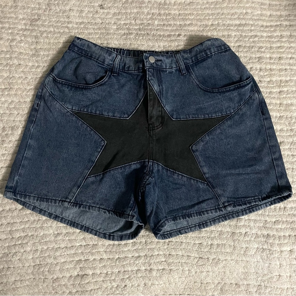SHEIN Dark Blue Jean Shorts with Black Star